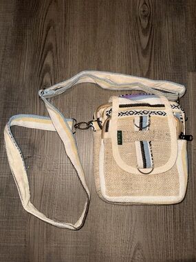 Hemp Woven Beige Crossbody Bag with Blue Stripe